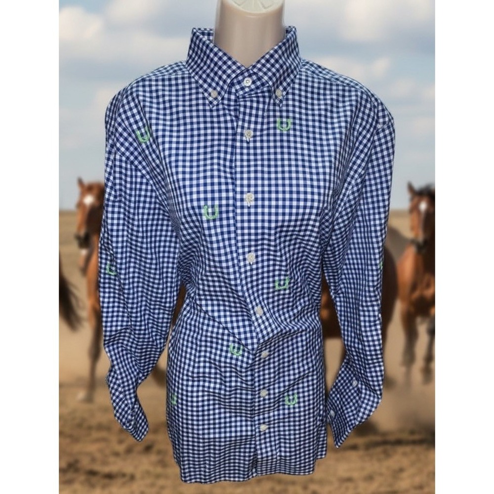 Vineyard Vines‎ Horseshoe Shirt Blue Gingham Mens MD Kentucky Derby Keeneland